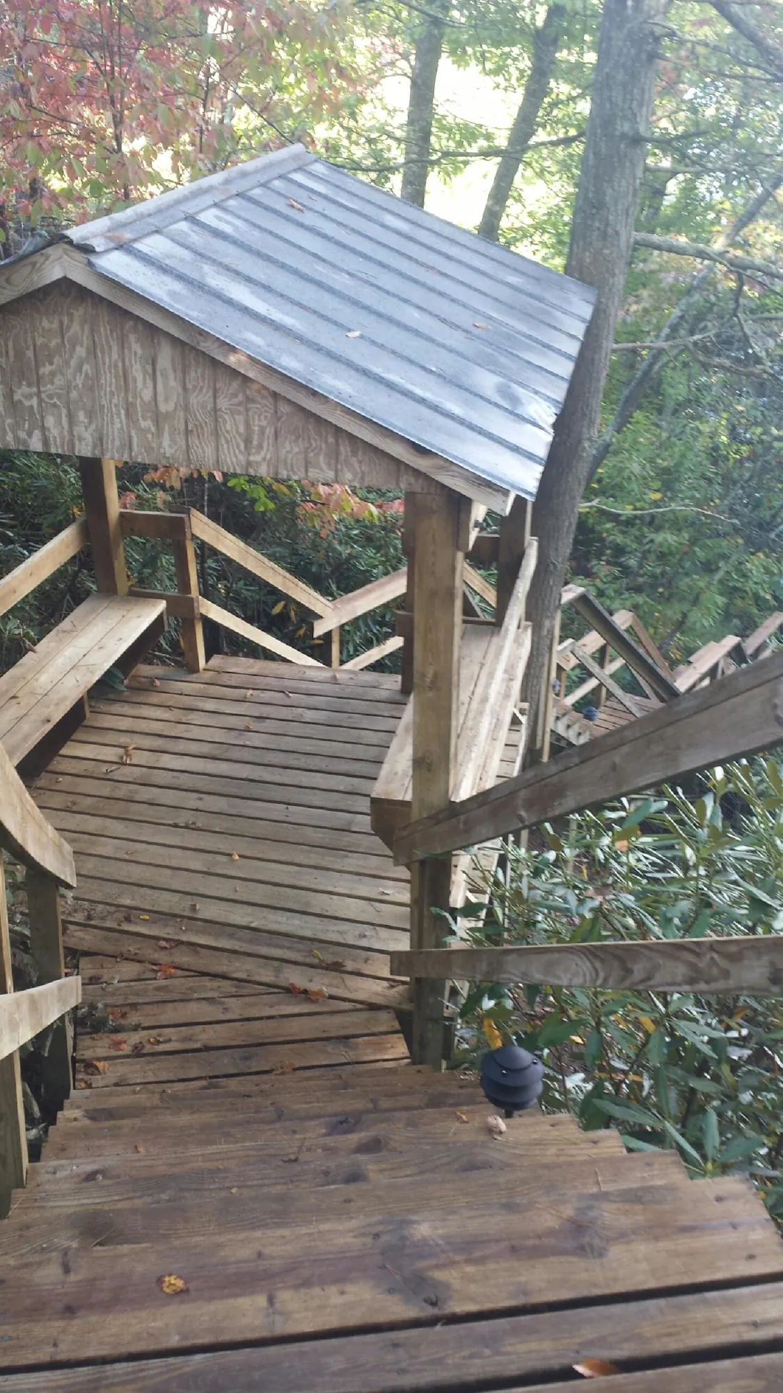 Metal roofed shelter over wooden steps on a wooded walkway — Skylight Repair & Installation work by our crew in Dushore